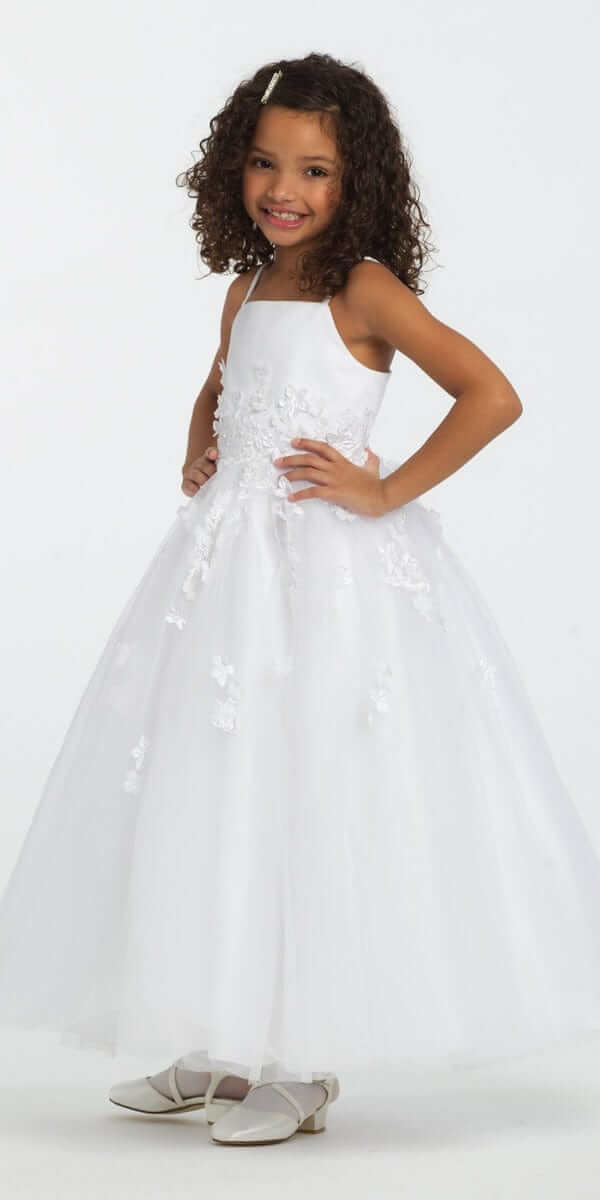 Satin Floral Applique Fit and Flare Flower Girl Dress