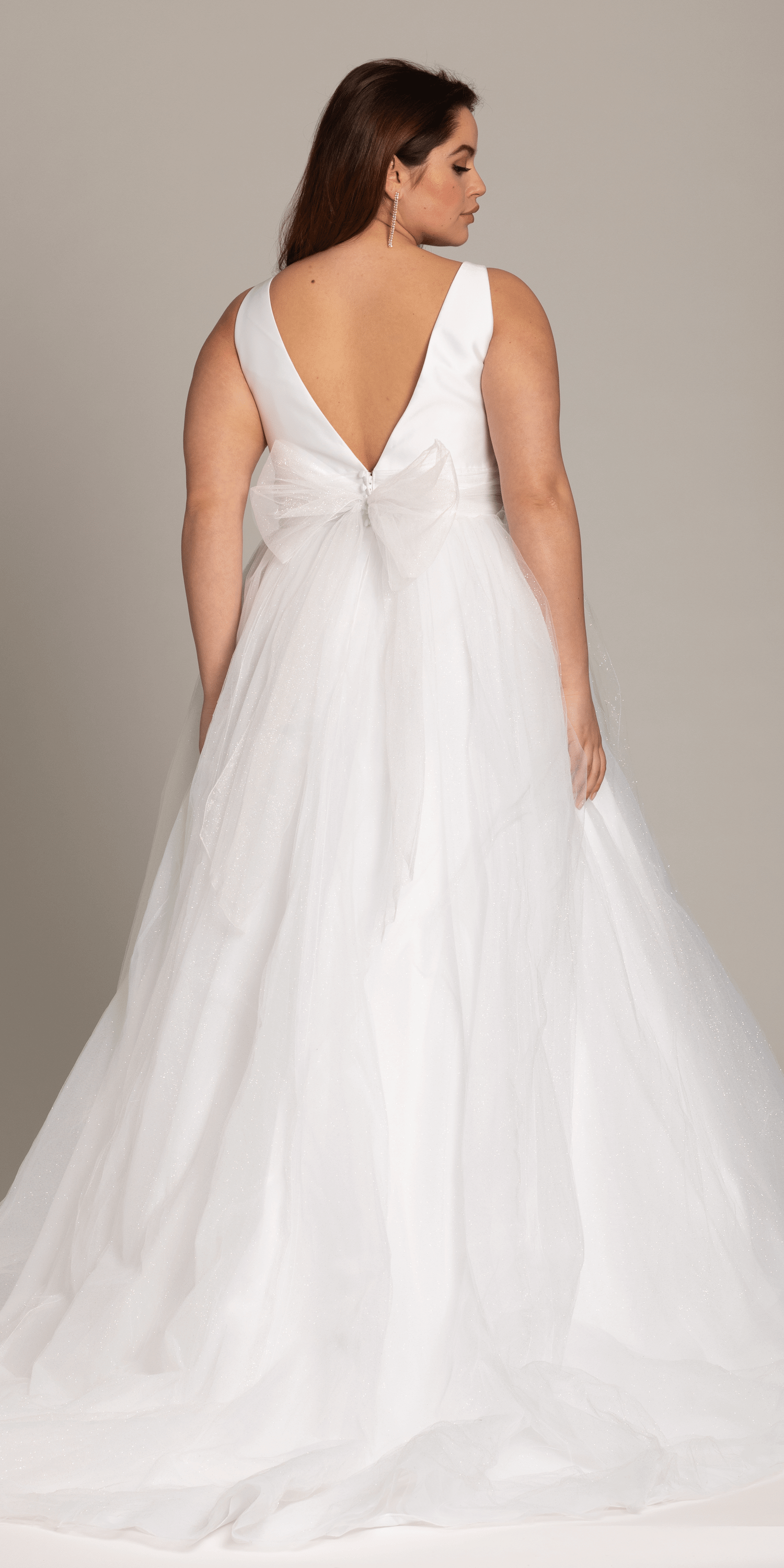 Plunging Mikado Glitter Ballgown with Bow Back