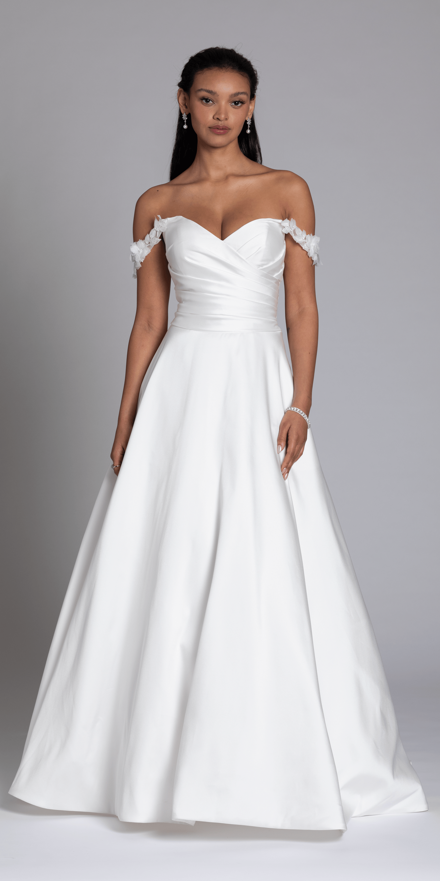 Mikado Off the Shoulder Pleated Bodice Ballgown with Pockets