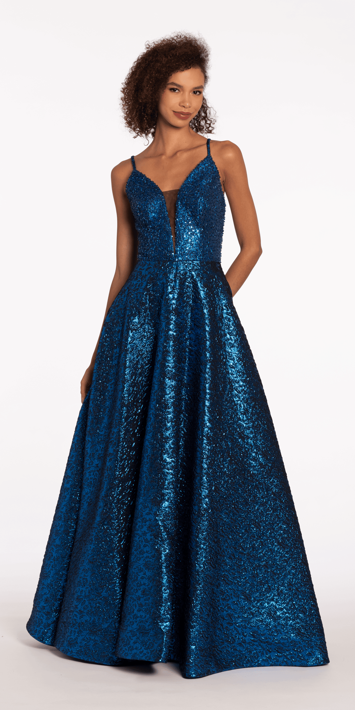 Plunging Metallic Beaded Jacquard Ballgown with Pockets