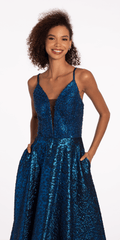 Plunging Metallic Beaded Jacquard Ballgown with Pockets