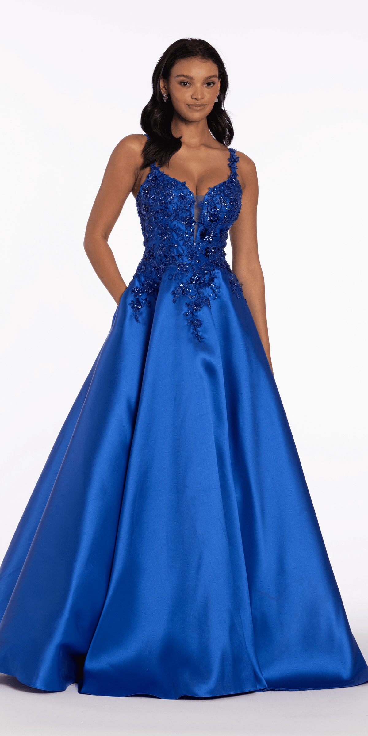 Sweetheart Floral Applique Mikado Ballgown with Pockets