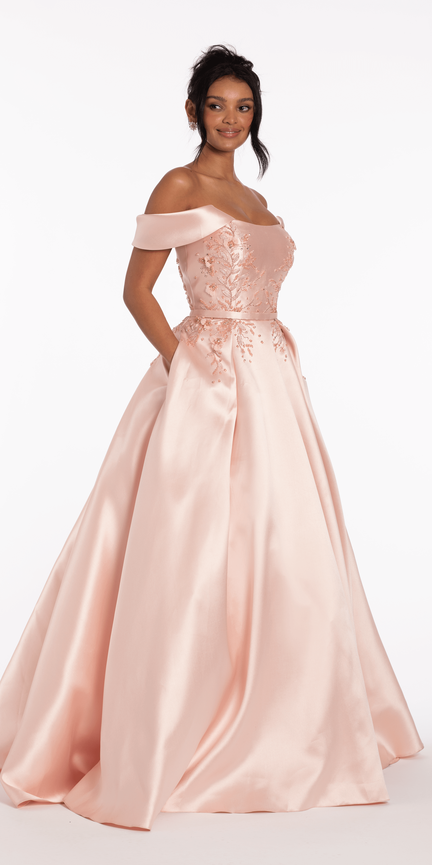 Beaded Mikado Off the Shoulder Ballgown with Pockets and Princess Pleats