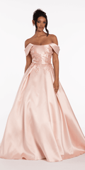 Beaded Mikado Off the Shoulder Ballgown with Pockets and Princess Pleats
