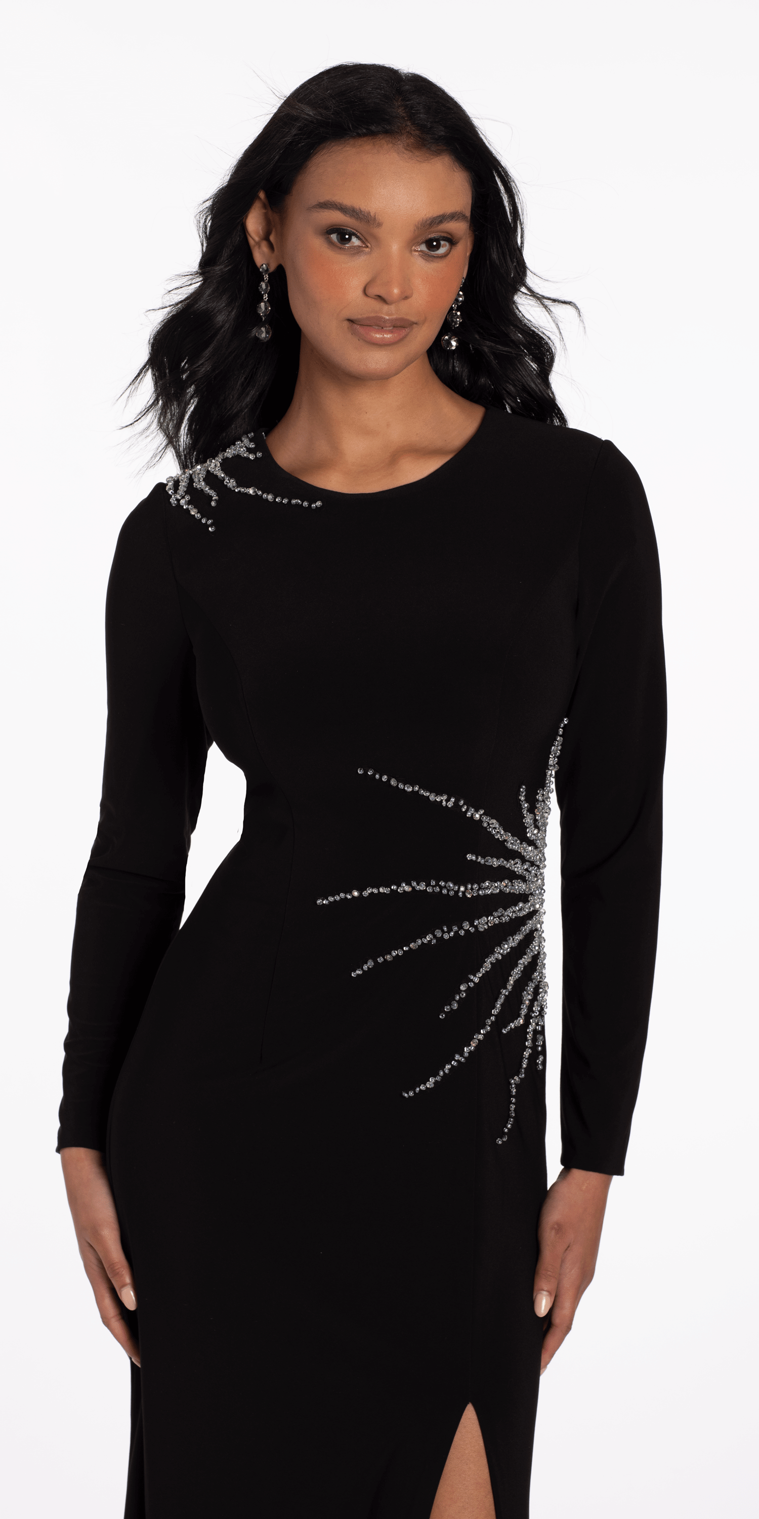 Sunburst Beaded Jersey Long Sleeve Jewel Neck Column Dress