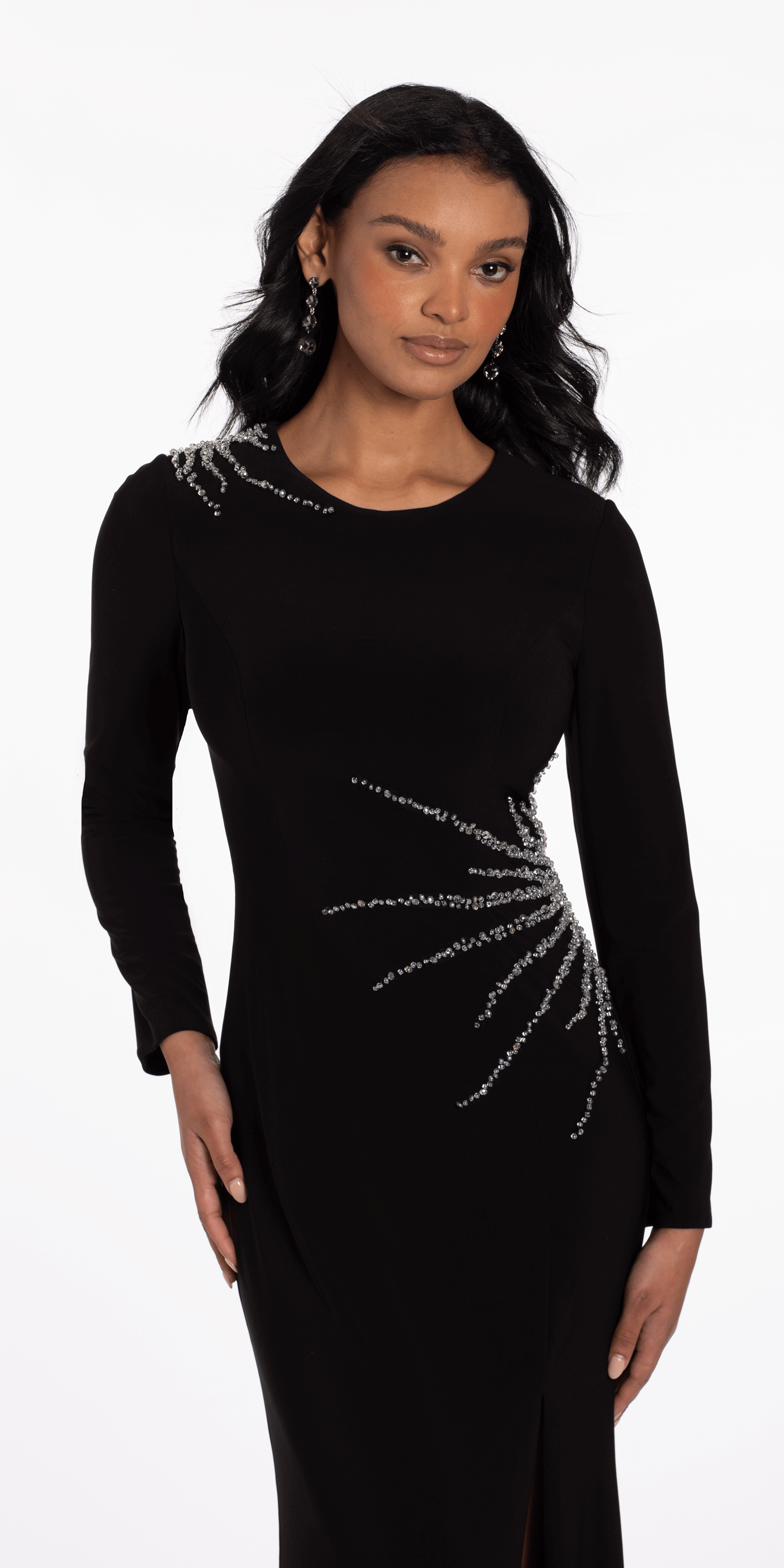 Sunburst Beaded Jersey Long Sleeve Jewel Neck Column Dress