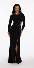 Sunburst Beaded Jersey Long Sleeve Jewel Neck Column Dress