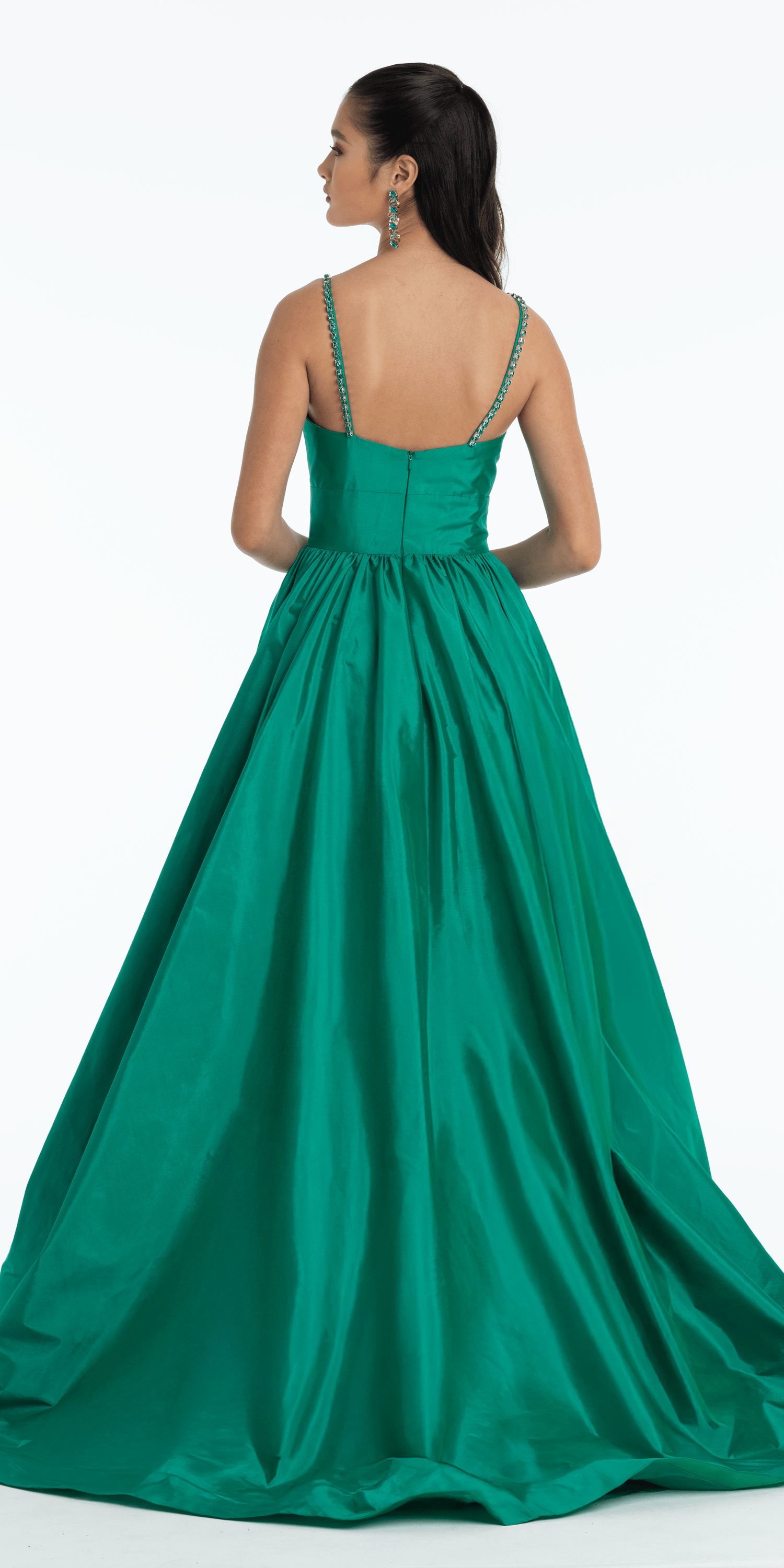 Jewel Neck Taffeta Pleated Ballgown with Pockets