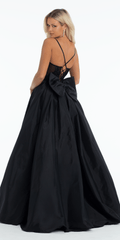 Taffeta Plunge Beaded Ballgown with Detachable Bow and Pockets