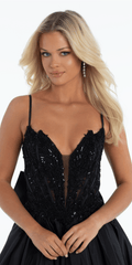 Taffeta Plunge Beaded Ballgown with Detachable Bow and Pockets