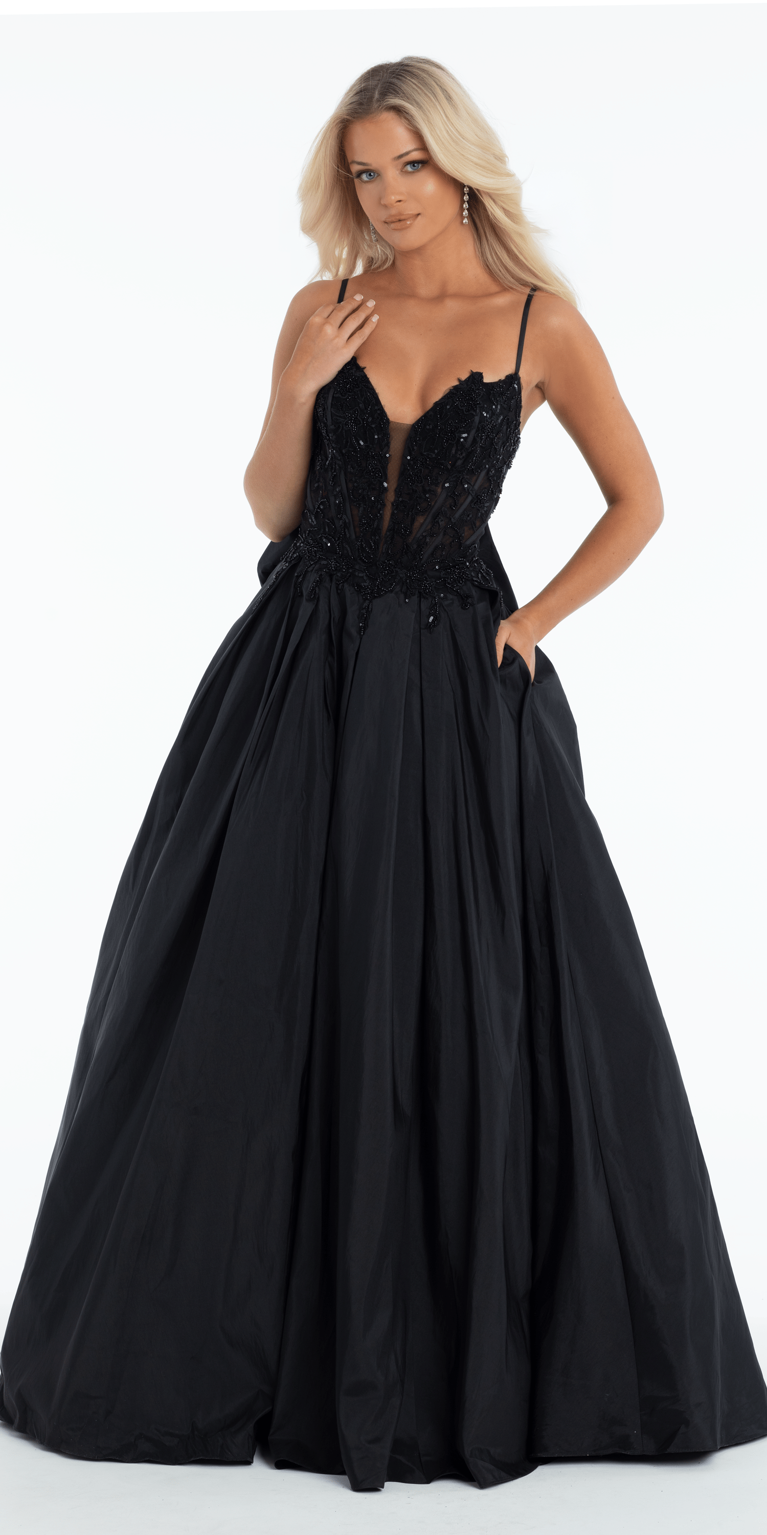 Taffeta Plunge Beaded Ballgown with Detachable Bow and Pockets