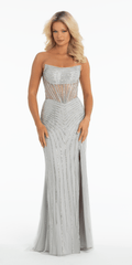 Strapless Rhinestone Mesh Corset Column Dress