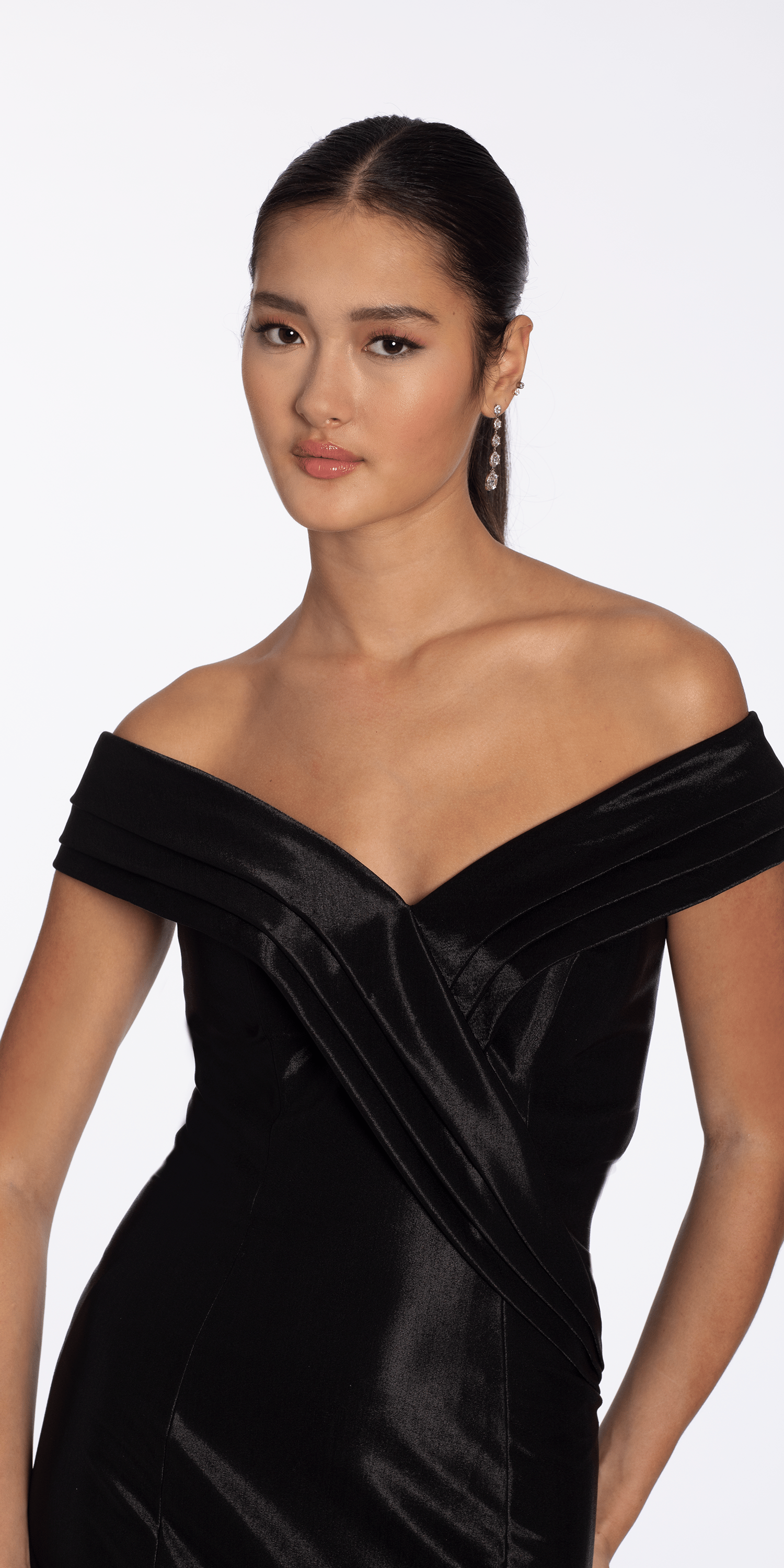Pleated Off the Shoulder Sateen Trumpet Dress with Sweep Train