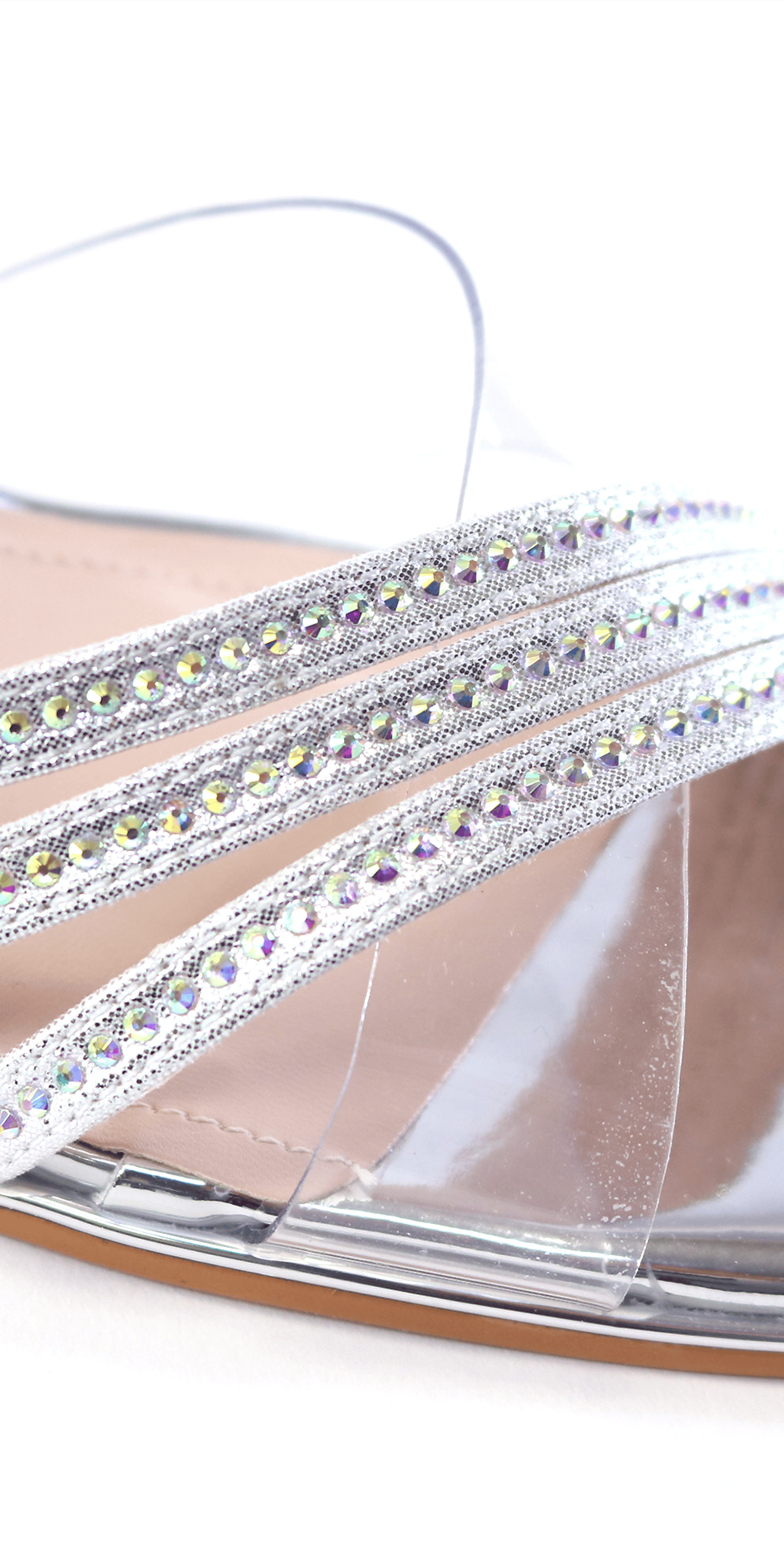 Triple Strap Lucite Rhinestone Low Heel Sandal